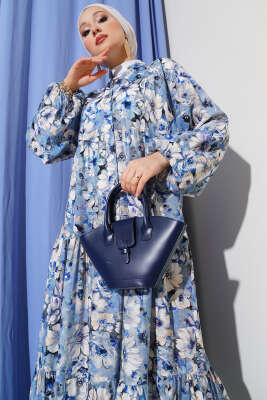 Çiçek Desenli Kloş Elbise Indıgo - Tesettür Elbise