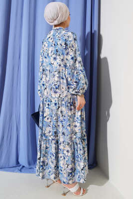 Çiçek Desenli Kloş Elbise Indıgo - Tesettür Elbise