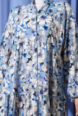 Çiçek Desenli Kloş Elbise Indıgo - Tesettür Elbise