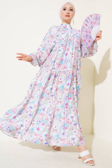 Çiçek Desenli Kloş Elbise Mavi - Elbise