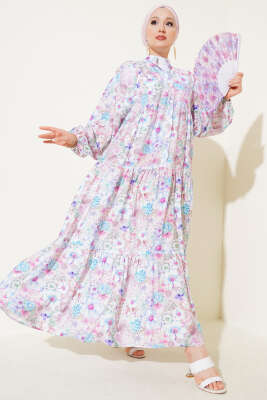 Çiçek Desenli Kloş Elbise Mavi