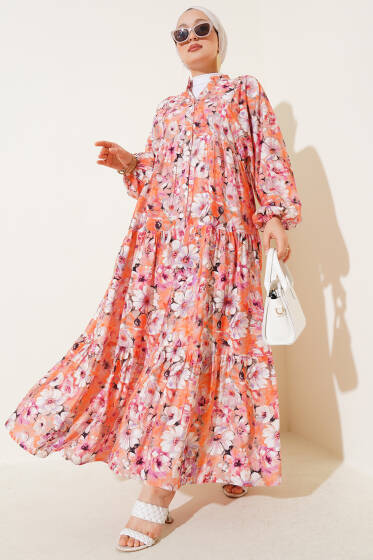Çiçek Desenli Kloş Elbise Oranj - Elbise