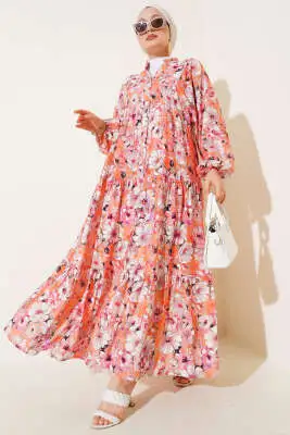 Çiçek Desenli Kloş Elbise Oranj 