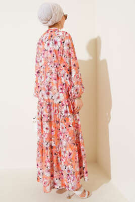Çiçek Desenli Kloş Elbise Oranj - Tesettür Elbise