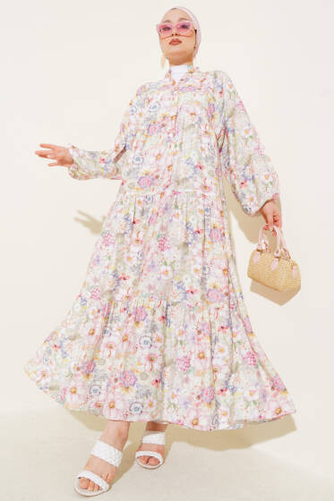 Çiçek Desenli Kloş Elbise Pembe - Elbise