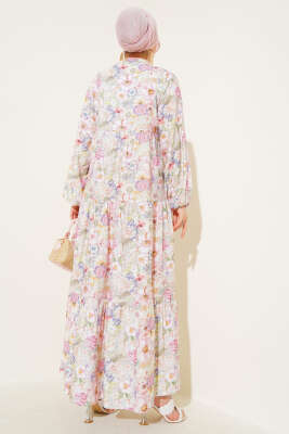 Çiçek Desenli Kloş Elbise Pembe - Tesettür Elbise