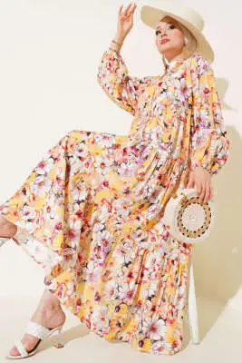 Çiçek Desenli Kloş Elbise Sarı - Tesettür Elbise