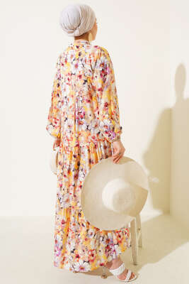 Çiçek Desenli Kloş Elbise Sarı - Tesettür Elbise