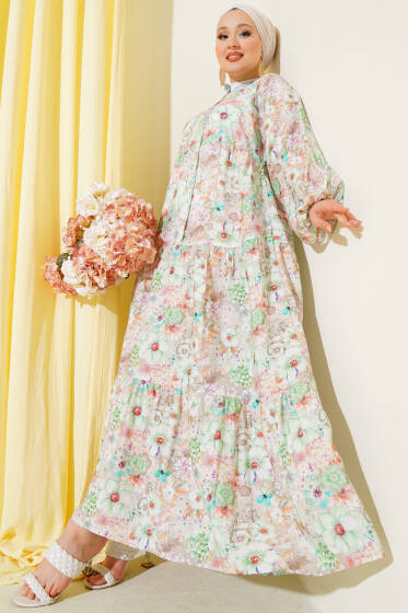 Çiçek Desenli Kloş Elbise Yeşil - Elbise