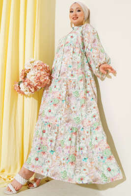 Çiçek Desenli Kloş Elbise Yeşil 