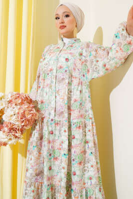 Çiçek Desenli Kloş Elbise Yeşil - Tesettür Elbise