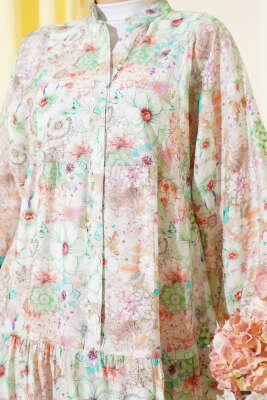 Çiçek Desenli Kloş Elbise Yeşil - Tesettür Elbise