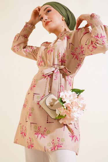 Çiçek Desenli Kol Ucu Lastikli Tunik Fuşya - Tunik