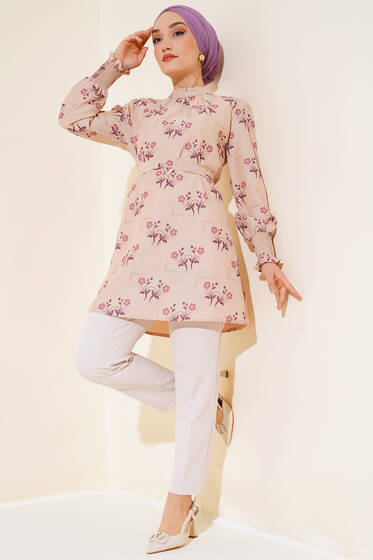 Çiçek Desenli Kol Ucu Lastikli Tunik Gül Kurusu - Tunik