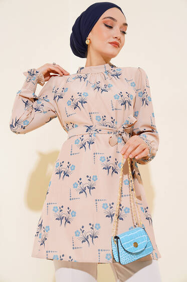 Çiçek Desenli Kol Ucu Lastikli Tunik Lacivert - Tunik