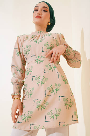 Çiçek Desenli Kol Ucu Lastikli Tunik Yeşil - Tunik