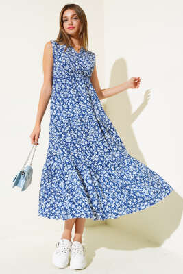 Çiçek Desenli Kolsuz Elbise İndigo - ADYES