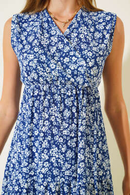 Çiçek Desenli Kolsuz Elbise İndigo - Kadın Giyim Modelleri