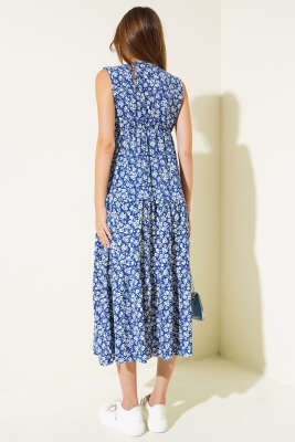 Çiçek Desenli Kolsuz Elbise İndigo - Kadın Giyim Modelleri