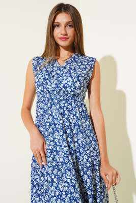 Çiçek Desenli Kolsuz Elbise İndigo - Kadın Giyim Modelleri