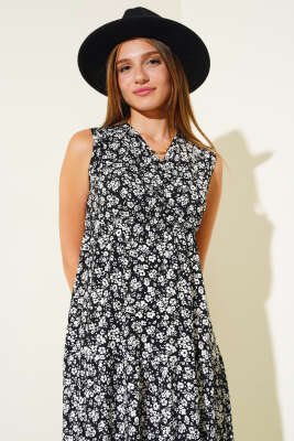 Çiçek Desenli Kolsuz Elbise Siyah - Kadın Giyim Modelleri