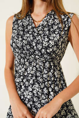 Çiçek Desenli Kolsuz Elbise Siyah - Kadın Giyim Modelleri