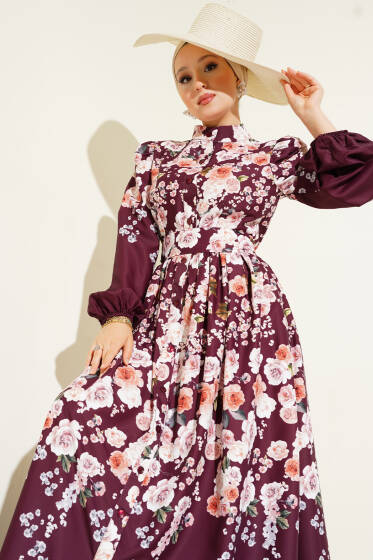 Çiçek Desenli Kuşaklı Elbise Bordo - Elbise