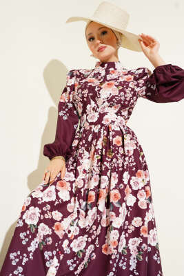 Çiçek Desenli Kuşaklı Elbise Bordo 