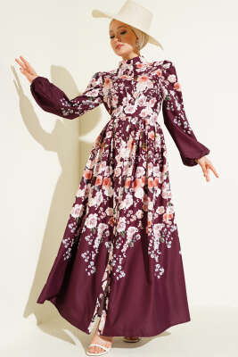 Çiçek Desenli Kuşaklı Elbise Bordo - Tesettür Elbise