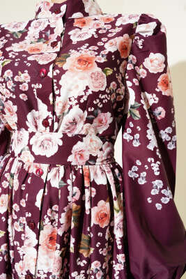 Çiçek Desenli Kuşaklı Elbise Bordo - Tesettür Elbise