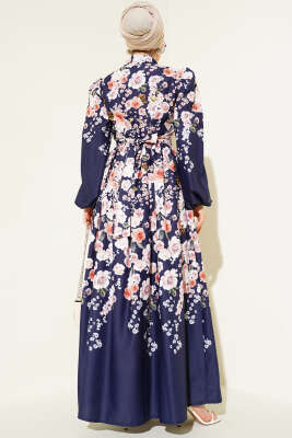 Çiçek Desenli Kuşaklı Elbise Lacivert - Tesettür Elbise