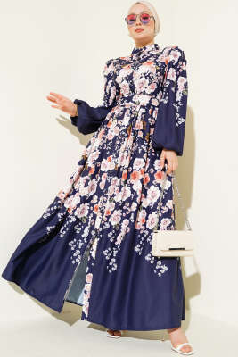 Çiçek Desenli Kuşaklı Elbise Lacivert - Tesettür Elbise