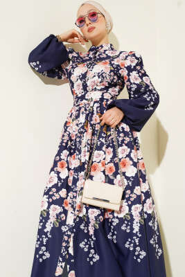 Çiçek Desenli Kuşaklı Elbise Lacivert - Tesettür Elbise