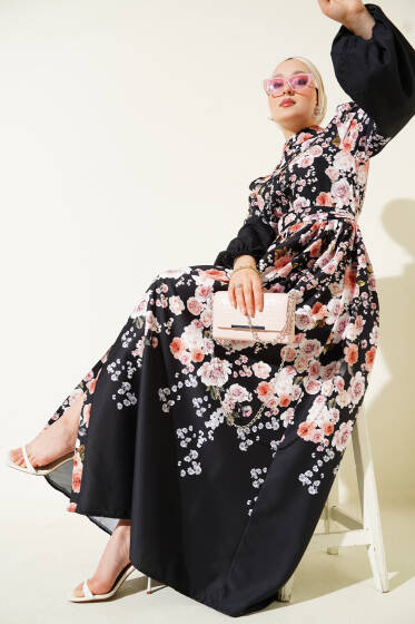 Çiçek Desenli Kuşaklı Elbise Siyah - Elbise