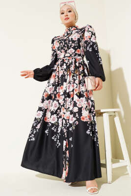 Çiçek Desenli Kuşaklı Elbise Siyah - Tesettür Elbise