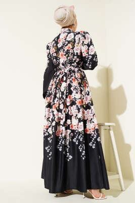 Çiçek Desenli Kuşaklı Elbise Siyah - Tesettür Elbise