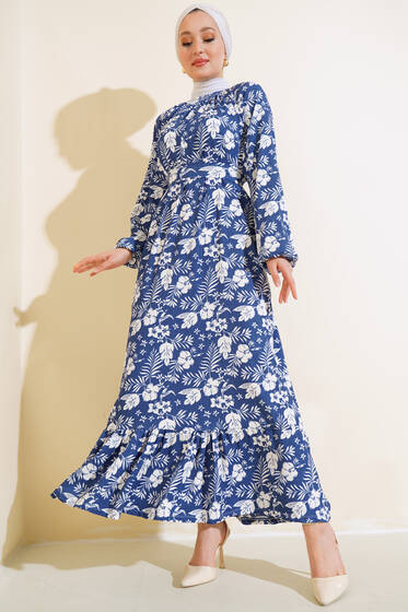 Çiçek Desenli Kuşaklı Kat Elbise İndigo - Elbise