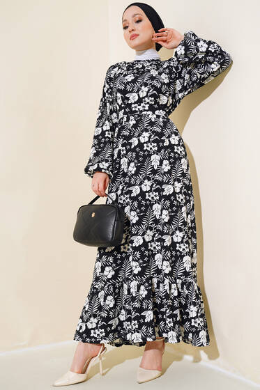 Çiçek Desenli Kuşaklı Kat Elbise Siyah - Elbise