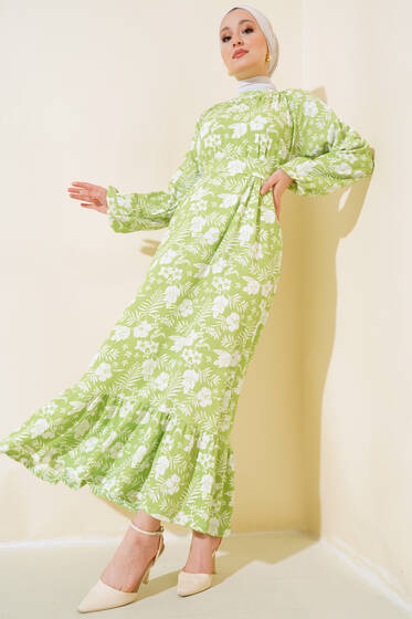 Çiçek Desenli Kuşaklı Kat Elbise Yeşil - Elbise