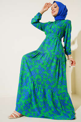 Çiçek Desenli Kuşaklı Yakası Düğmeli Elbise - Tesettür Elbise