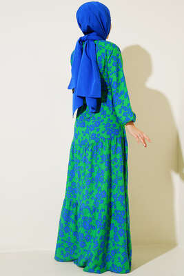 Çiçek Desenli Kuşaklı Yakası Düğmeli Elbise - Tesettür Elbise