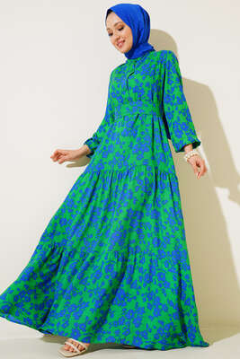 Çiçek Desenli Kuşaklı Yakası Düğmeli Elbise - Tesettür Elbise