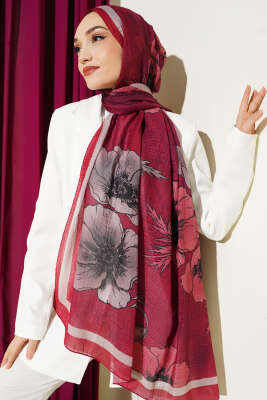 Çiçek Desenli Müslin Şal Bordo - Başörtüsü