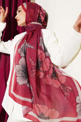 Çiçek Desenli Müslin Şal Bordo 
