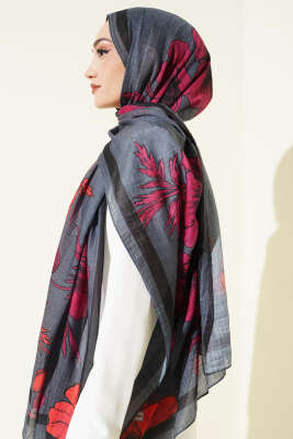 Çiçek Desenli Müslin Şal Füme - Başörtüsü