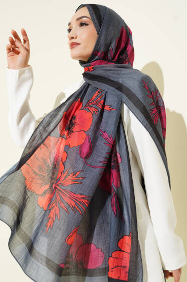 Çiçek Desenli Müslin Şal Füme - Günün Seçilenleri