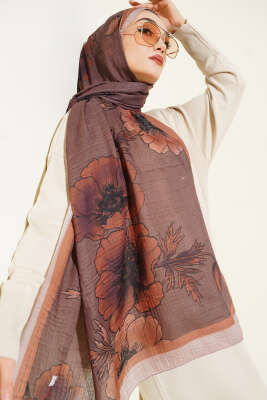 Çiçek Desenli Müslin Şal Kahve - Günün Seçilenleri