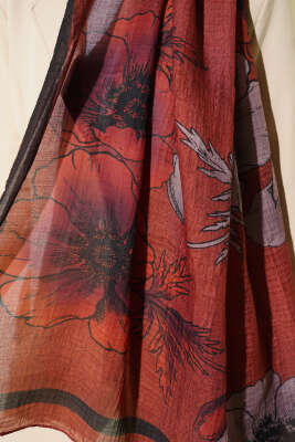 Çiçek Desenli Müslin Şal Kiremit - Başörtüsü