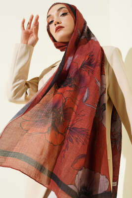 Çiçek Desenli Müslin Şal Kiremit 