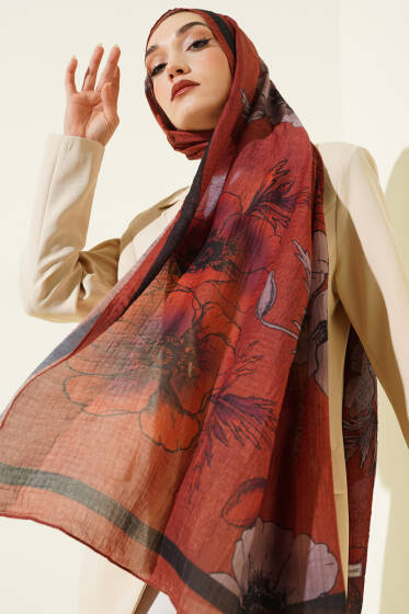Çiçek Desenli Müslin Şal Kiremit - Günün Seçilenleri